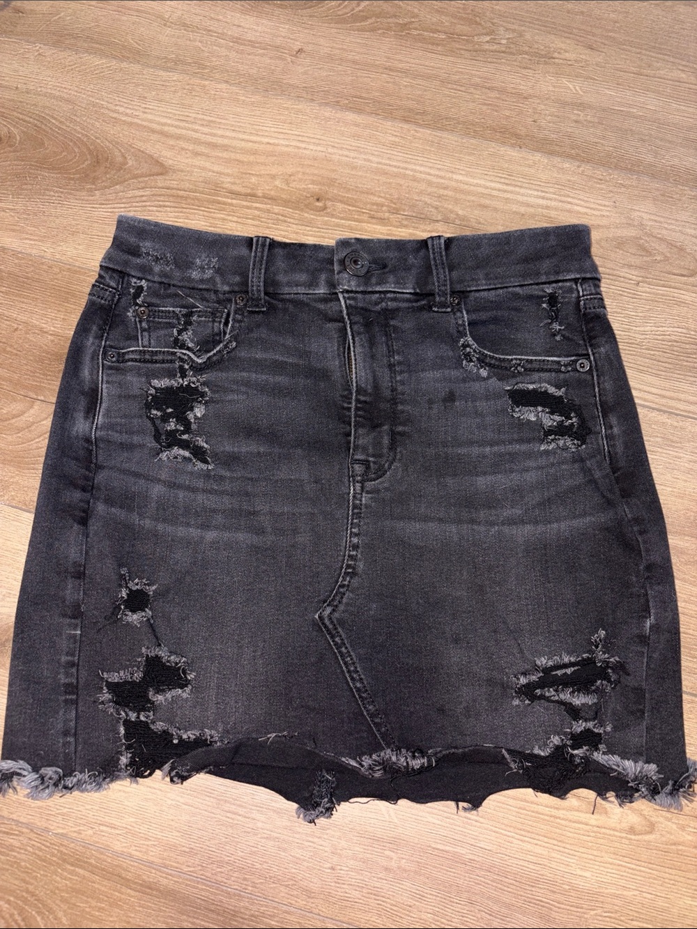 American Eagle Outfitters Washed Black Distressed Denim Mini Skirt